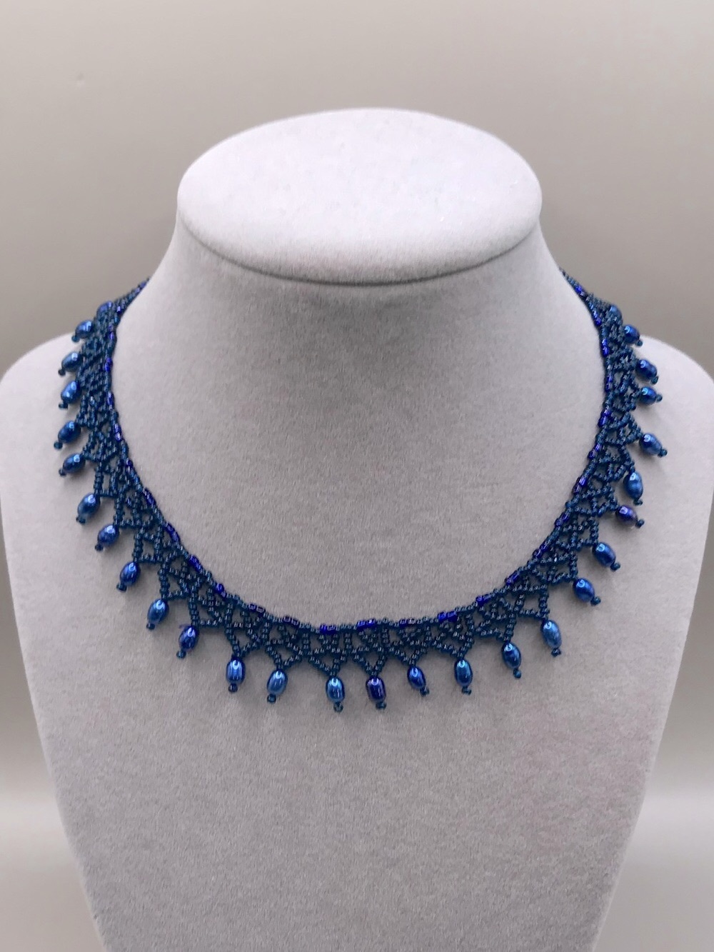 Elegant Blue Beaded & Pearl Fringe Necklace